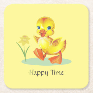 Happy Duckling on Yellow Birthday Party Rechteckiger Pappuntersetzer