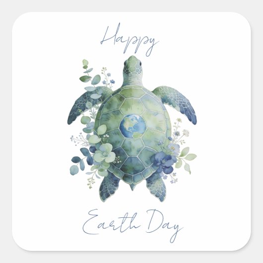 Happy Earth Day Turtle Design Quadratischer Aufkleber (Vorderseite)