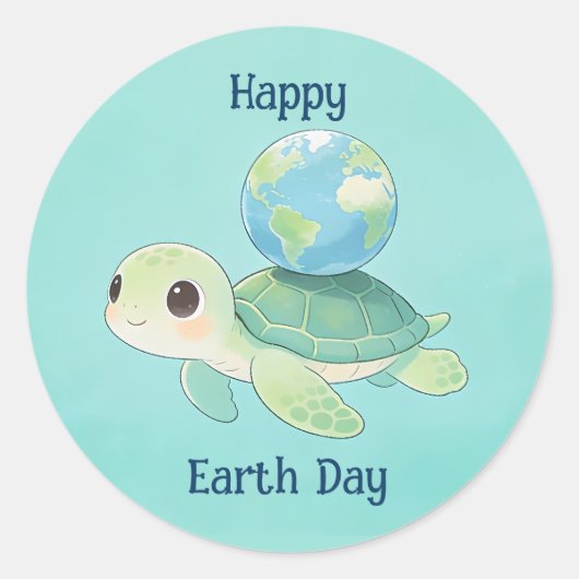 Happy Earth Day Turtle with Globe Runder Aufkleber (Vorderseite)