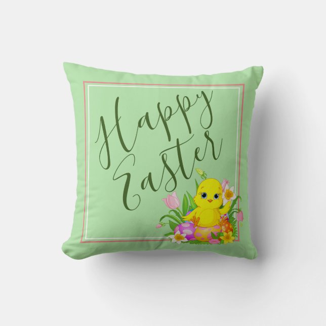 Happy Easter Baby Chick und Blume Kissen (Vorderseite)