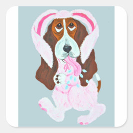 Happy Easter Basset Hound Easter Bunny Quadratischer Aufkleber