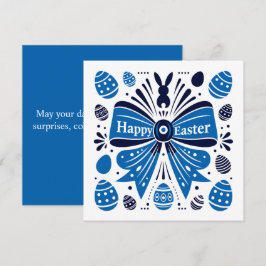 Happy Easter Blue Bow Folk Art Bunny & Eggs Spring Feiertagskarte
