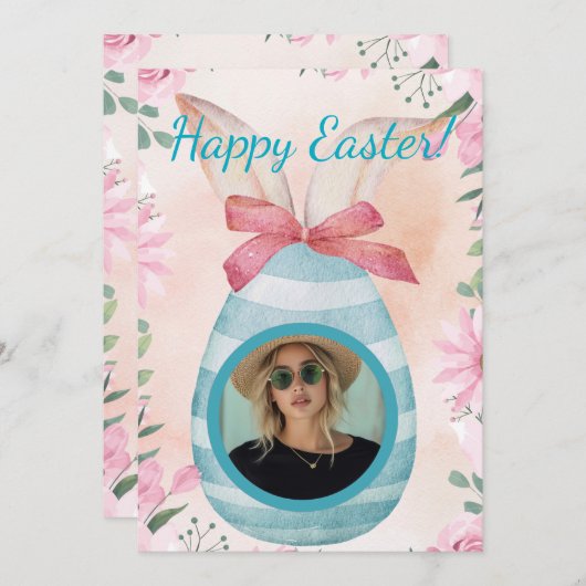 Happy Easter - blue egg with photo option Einladung (Vorne/Hinten)