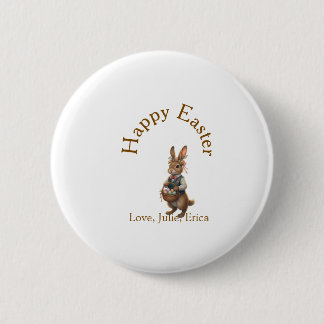Happy Easter brown bunny with eggs love add name Button