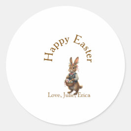 Happy Easter brown bunny with eggs love add name  Runder Aufkleber