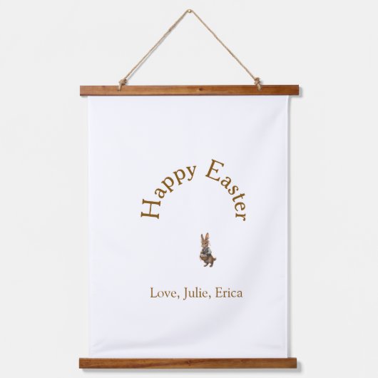 Happy Easter brown bunny with eggs love add name Wandteppich Mit Holzrahmen (Vorderseite)