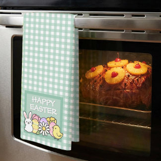 Happy Easter Bunny, Chick, Eggs Green Gingham  Geschirrtuch