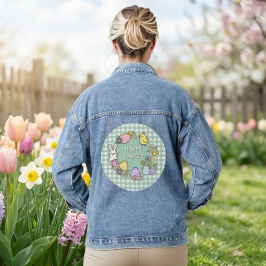 Happy Easter Bunny Chick Eggs Green Gingham Jeansjacke