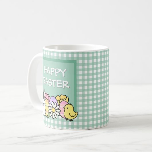 Happy Easter Bunny Chick Eggs Green Gingham Kaffeetasse (Vorderseite Links)