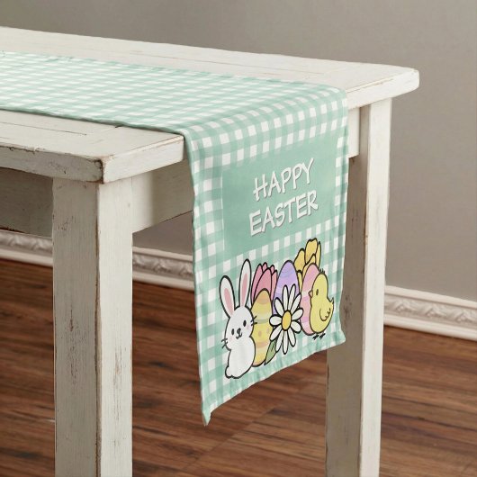 Happy Easter Bunny Chick Eggs Green Gingham Kurzer Tischläufer