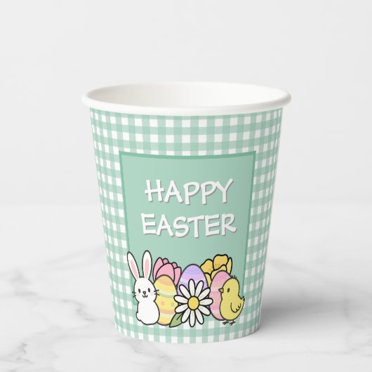 Happy Easter Bunny Chick Eggs Green Gingham Pappbecher (Rückseite)
