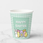 Happy Easter Bunny Chick Eggs Green Gingham Pappbecher (Vorderseite)