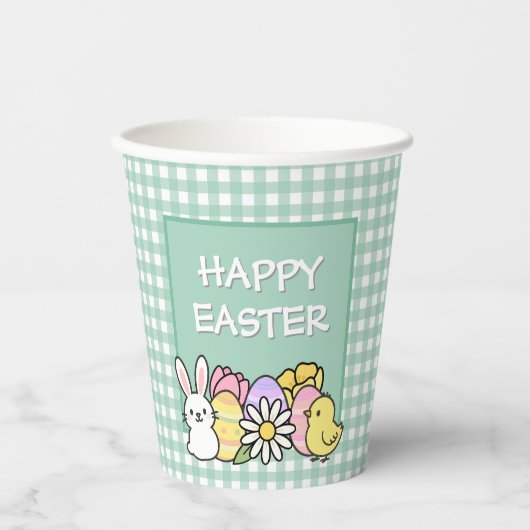 Happy Easter Bunny Chick Eggs Green Gingham Pappbecher (Vorderseite)