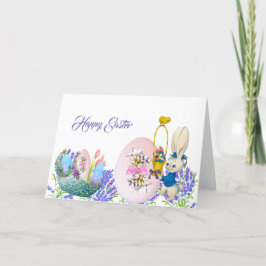 Happy Easter Bunny Egg Basket Lilac Elegante Karte