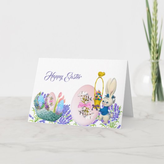 Happy Easter Bunny Egg Basket Lilac Elegante Karte (Vorderseite)