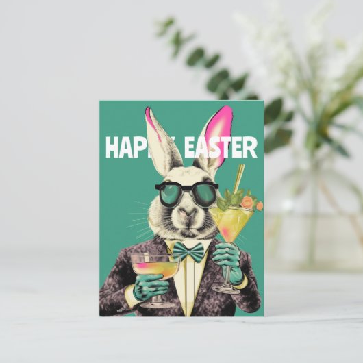 Happy Easter Bunny with Sunglasses Cocktails Funny Postkarte (Stehend Vorderseite)