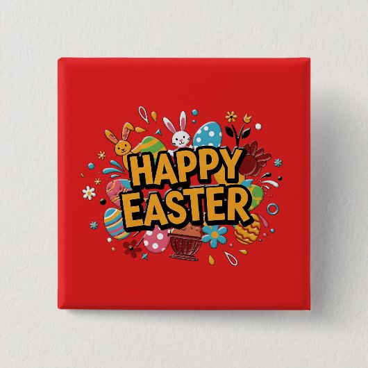 Happy Easter Colorful Bunny & Eggs Pin Button (Vorderseite)