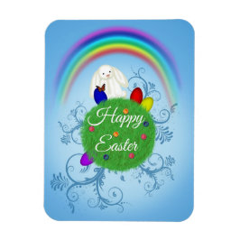 Happy Easter Colorful Planet & Rainbow Cute Bunny Magnet