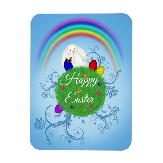 Happy Easter Colorful Planet & Rainbow Cute Bunny Magnet (Vertikal)