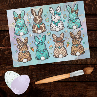 Happy Easter Cowgirl Leopard Print Teal Bunnies   Seidenpapier