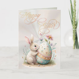 Happy Easter Cute Bunny & Egg Pastel Floral Feiertagskarte
