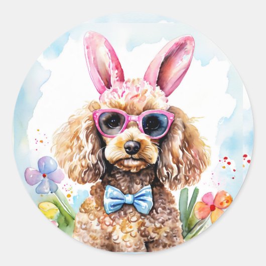 Happy Easter Cute Bunny Poodle Watercolor Dog Runder Aufkleber (Vorderseite)