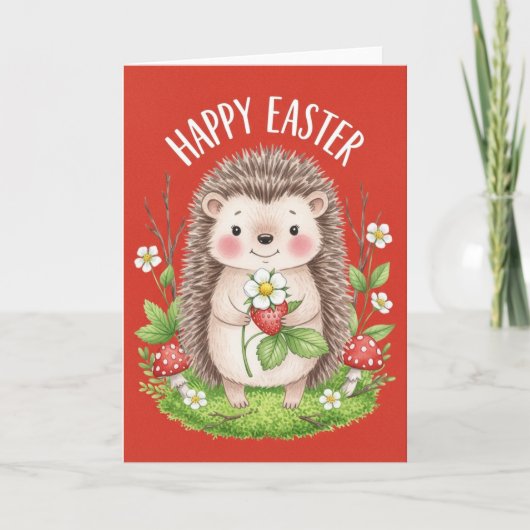 Happy Easter Cute Hedgehog Holding Strawberry  Karte (Vorderseite)
