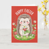 Happy Easter Cute Hedgehog Holding Strawberry  Karte (Gelbe Blume)