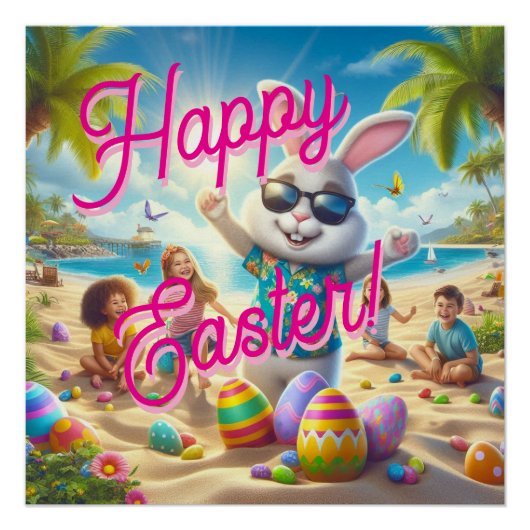 Happy Easter Easter Bunny on Beach  Poster (Vorderseite)