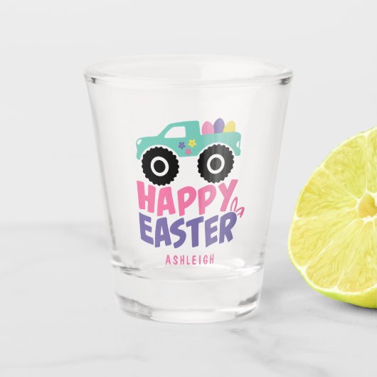 Happy Easter Egg Girly Truck Moderner Name Schnapsglas (Vorderseite)
