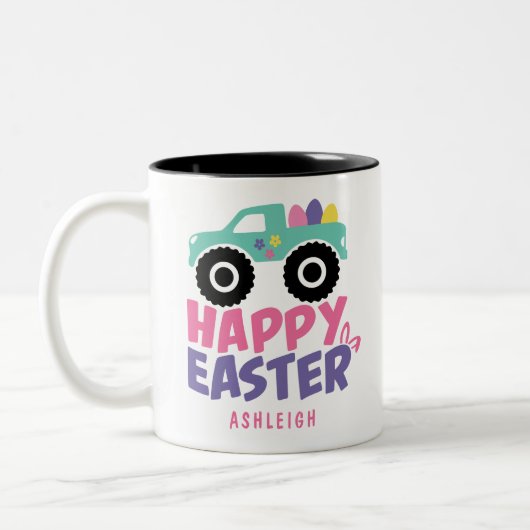 Happy Easter Egg Girly Truck Moderner Name Zweifarbige Tasse (Links)