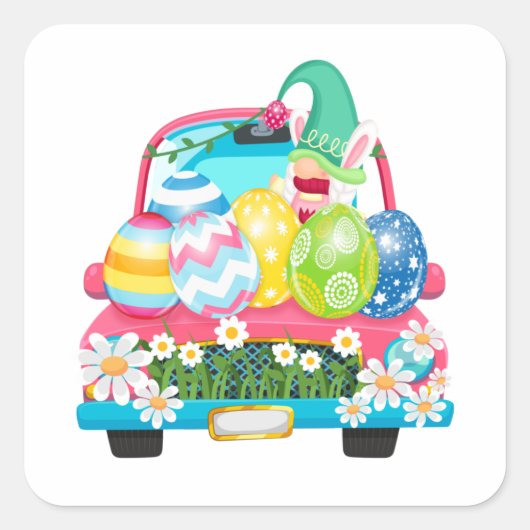 Happy Easter Egg Gnomes Bunny Truck Quadratischer Aufkleber (Vorderseite)