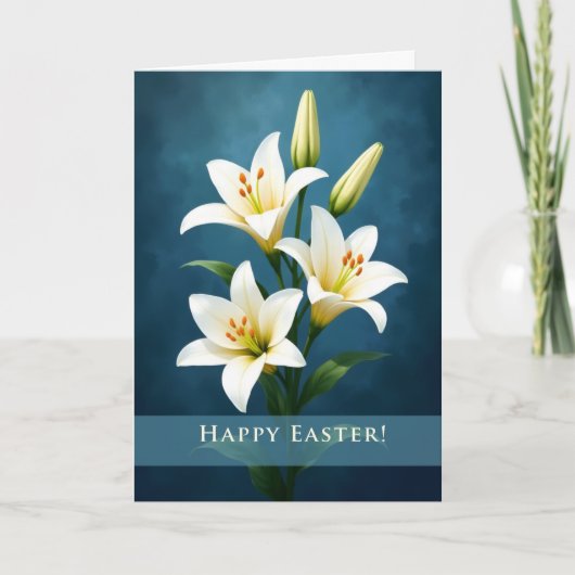 Happy Easter Elegant White Lilies Blue Background Karte (Vorderseite)