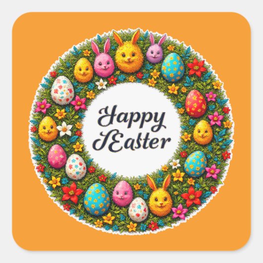 Happy Easter – Festive Egg Wreath Autocolante Quadratischer Aufkleber (Vorderseite)