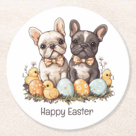 Happy Easter French Bulldogs Runder Pappuntersetzer (Vorderseite)
