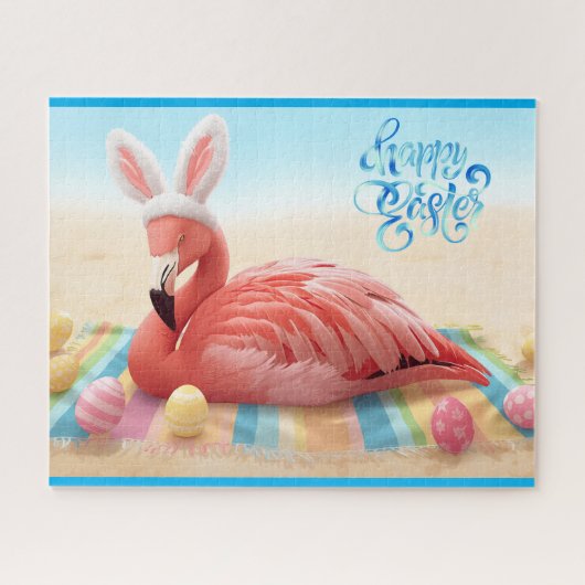 Happy Easter from Florida Flamingo Bunny on Beach  Puzzle (Horizontal)