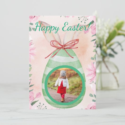 Happy Easter- green egg with photo Invitation Einladung (Stehend Vorderseite)