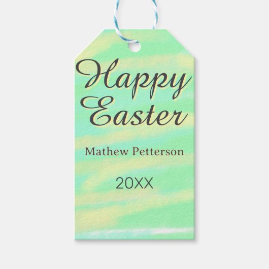 Happy Easter green yellow pastel gray name year  Geschenkanhänger (Vorderseite)