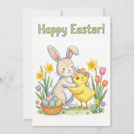 Happy Easter Greeting Card – Cute Bunny and Chick Feiertagskarte