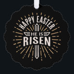 Happy Easter He is risen Jesus black Ornament Karte<br><div class="desc">Happy Easter He is risen paper ornament and gift accessory. Retro vintage cross dark aesthetic black home decor. Bible verse quotes sayings for christian faith faithful god Jesus religious decoration.</div>
