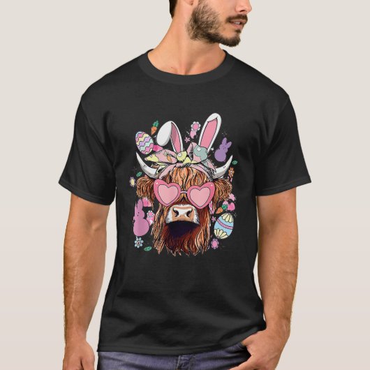 Happy Easter Highland Cow Heifer Easter Day Farmer T-Shirt (Vorderseite)