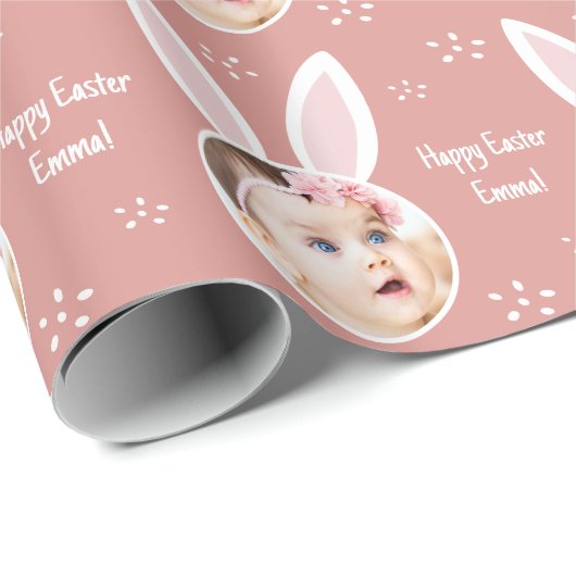 Happy Easter Kid Foto mit Rose Bunny Oars Pink Geschenkpapier (Rolleneckpunkt)