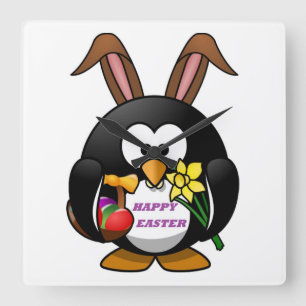 "HAPPY EASTER" PENGUIN BUNNY QUADRATISCHE WANDUHR