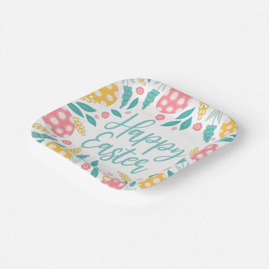 Happy Easter | Pink Aqua Easter Eggs Floral Pappteller (Gewinkelt)
