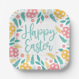 Happy Easter | Pink Aqua Easter Eggs Floral Pappteller