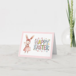 Happy Easter Pink Bunny Folded Greeting Card Karte