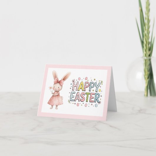 Happy Easter Pink Bunny Folded Greeting Card Karte (Vorderseite)