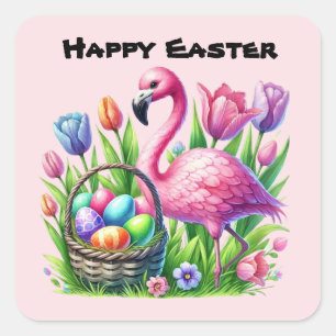Happy Easter pink Flamingo Holiday Quadratischer Aufkleber