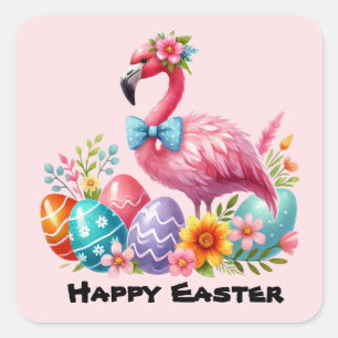 Happy Easter pink Flamingo Holiday Quadratischer Aufkleber