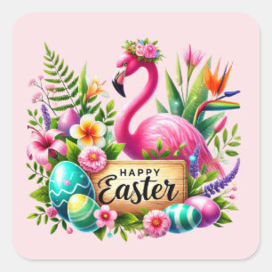 Happy Easter pink Flamingo Holiday Quadratischer Aufkleber